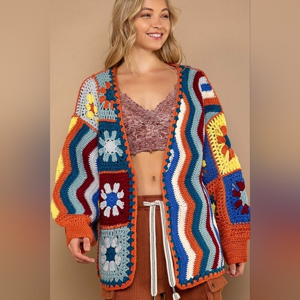 NWT POL Crochet Knit Granny Square Floral Open Cardigan Retro 70s Boho - Picture 6 of 8